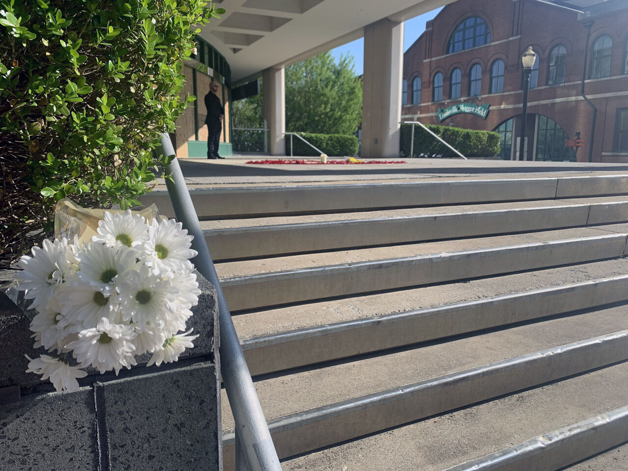 Memorial at Old National Bank building in downtown Louisville after April 10, 2023 mass shooting
